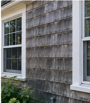 Illustrative close-up of weathered cedar shingles before cleaning