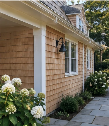 Illustrative example of cedar shingles with a refreshed natural tone after cleaning