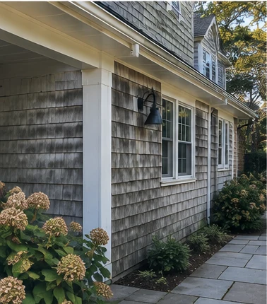 Illustrative example of weathered cedar shingles along a porch-side elevation before cleaning