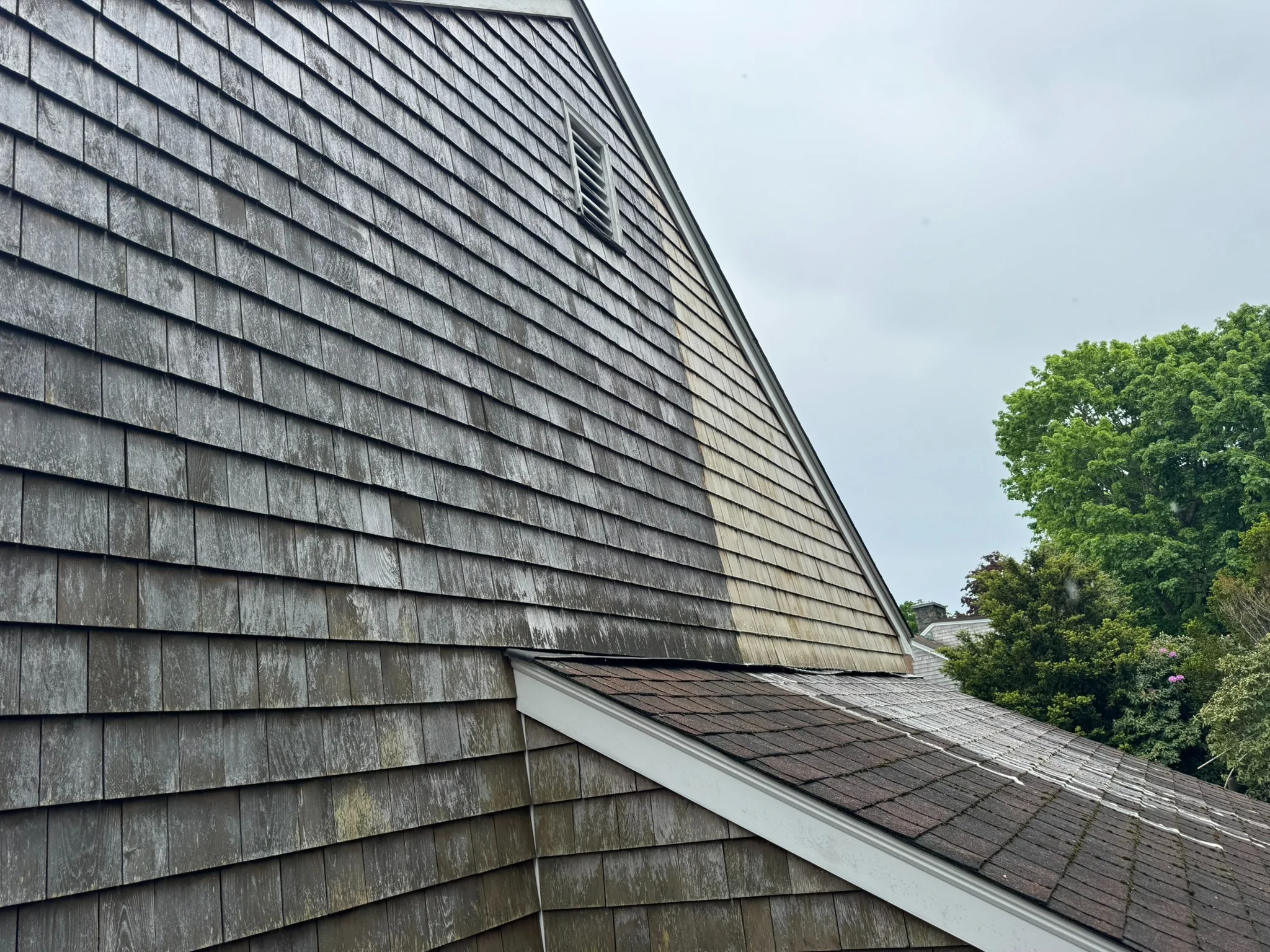 Wide view of cedar-shingle cleaning work in progress